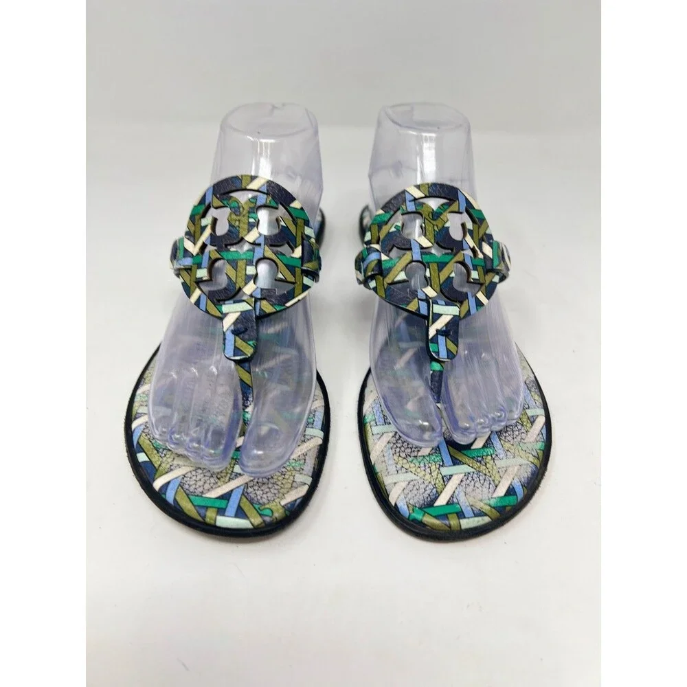 Tory Burch Miller Sandals Navy Basket Weave Green Sandals Size 9.5